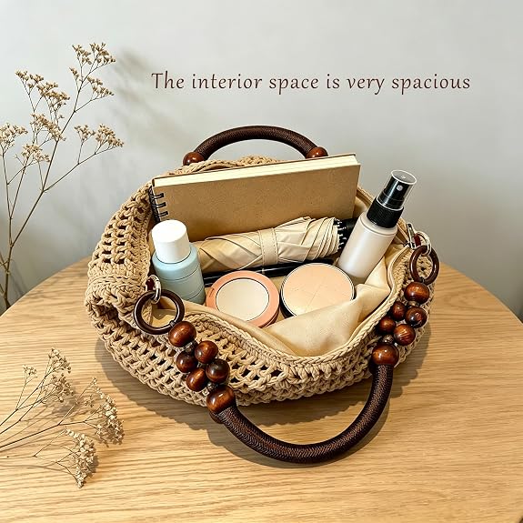 Knitted Shoulder Bag with Wooden Bead Handle