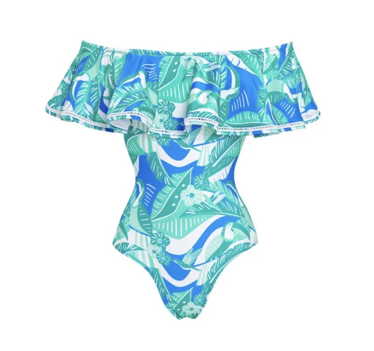 Island Oasis Belted Swim Set - Tropical Off-Shoulder One Piece & Skirt