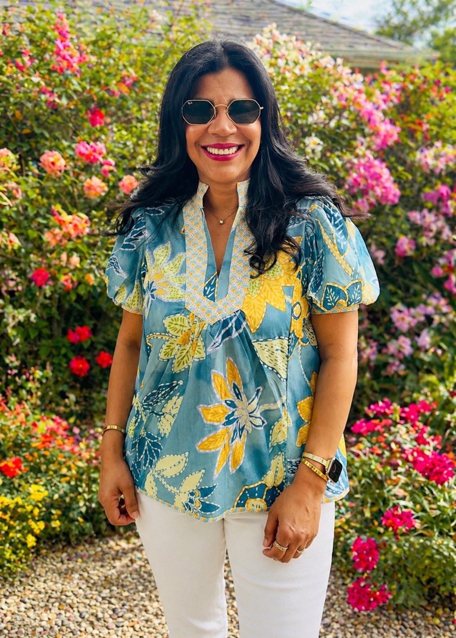 Mixed Abstract Print Puff Sleeve Blouse
