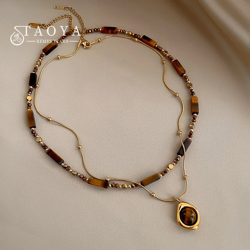 Retro Temperament Layered Tiger Eye Stone  Necklace
