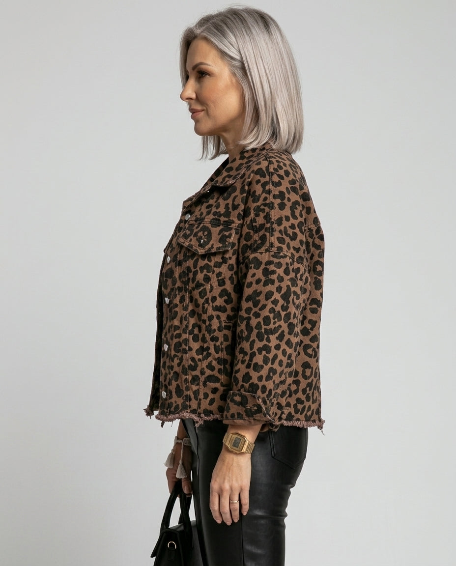 Leopard Raw Hem Denim Jacket