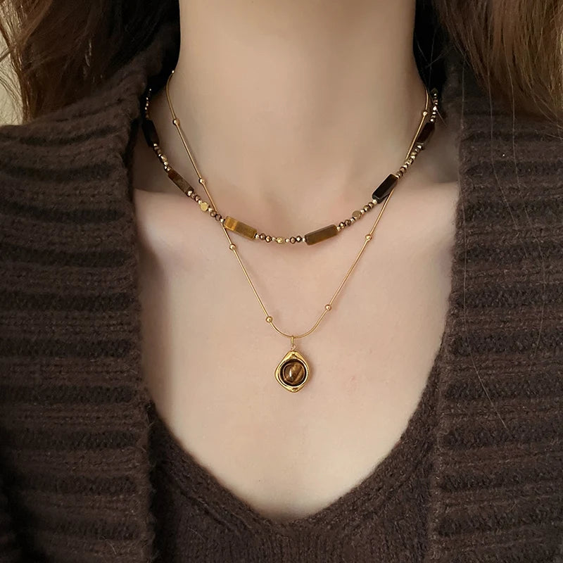 Retro Temperament Layered Tiger Eye Stone  Necklace