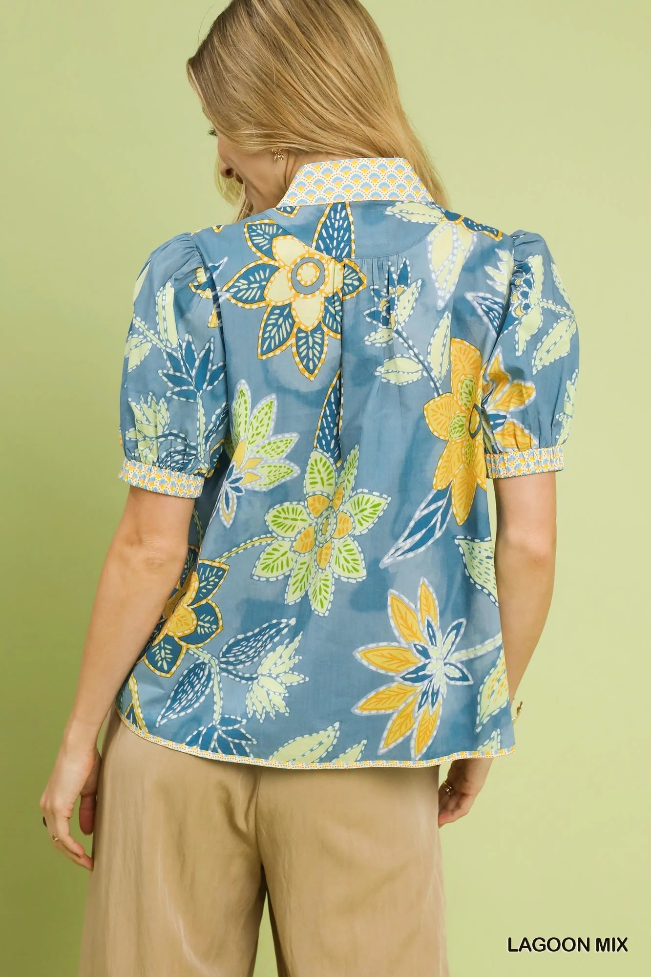 Mixed Abstract Print Puff Sleeve Blouse