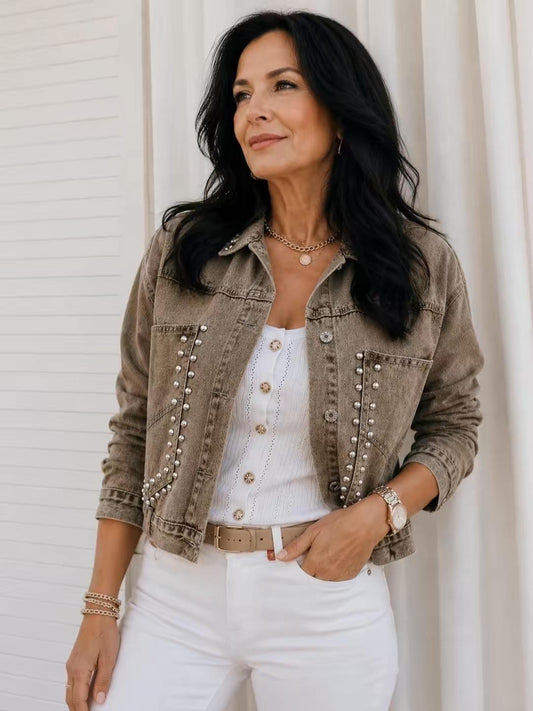 Studded Button Up Wash Denim Jacket