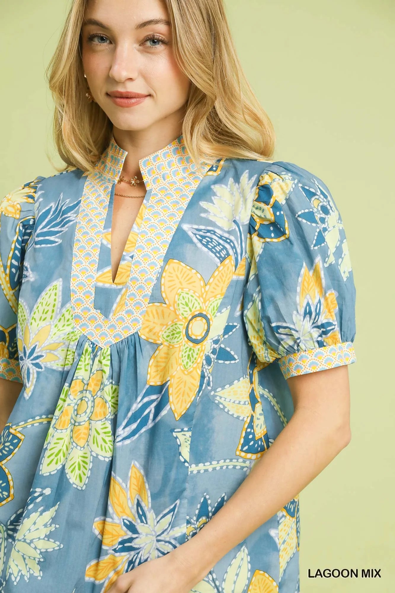 Mixed Abstract Print Puff Sleeve Blouse