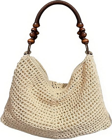Knitted Shoulder Bag with Wooden Bead Handle
