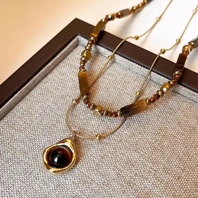 Retro Temperament Layered Tiger Eye Stone  Necklace