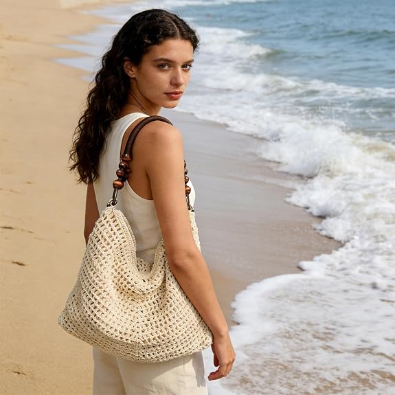 Knitted Shoulder Bag with Wooden Bead Handle
