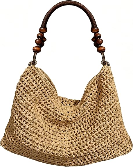 Knitted Shoulder Bag with Wooden Bead Handle
