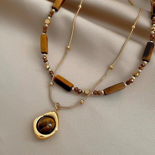 Retro Temperament Layered Tiger Eye Stone  Necklace