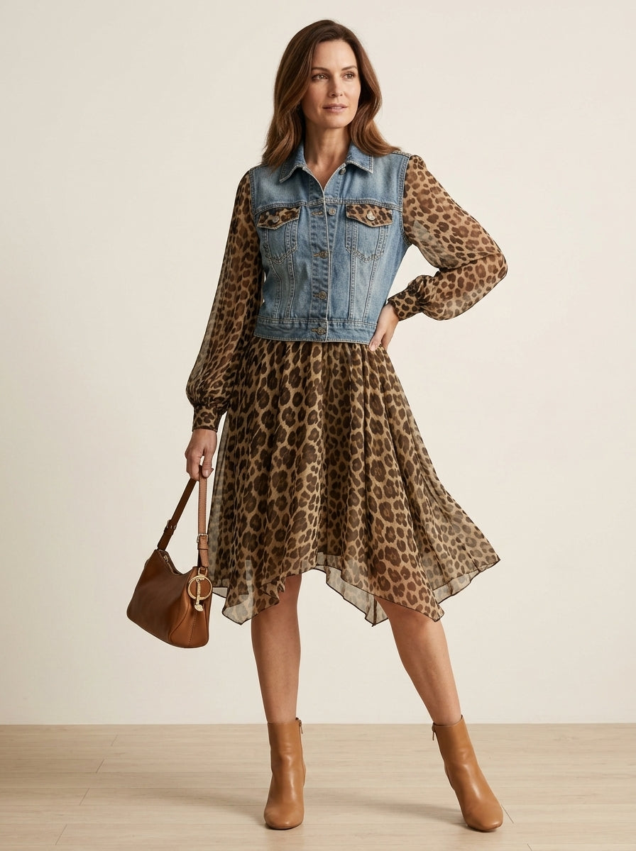 Denim Leopard Patchwork Mini Dress Plus Size