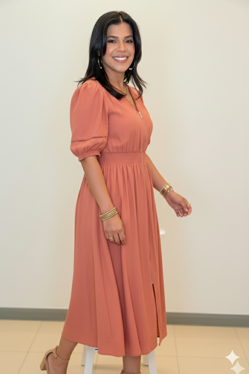 Midi Dress with Smocked Waist and Zip Front