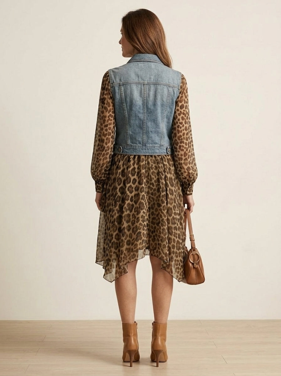 Denim Leopard Patchwork Mini Dress Plus Size