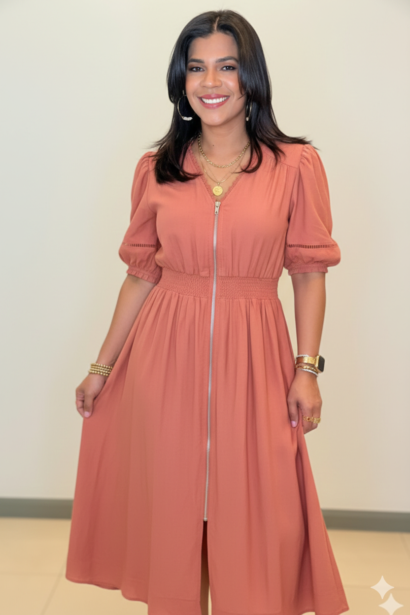 Midi Dress with Smocked Waist and Zip Front