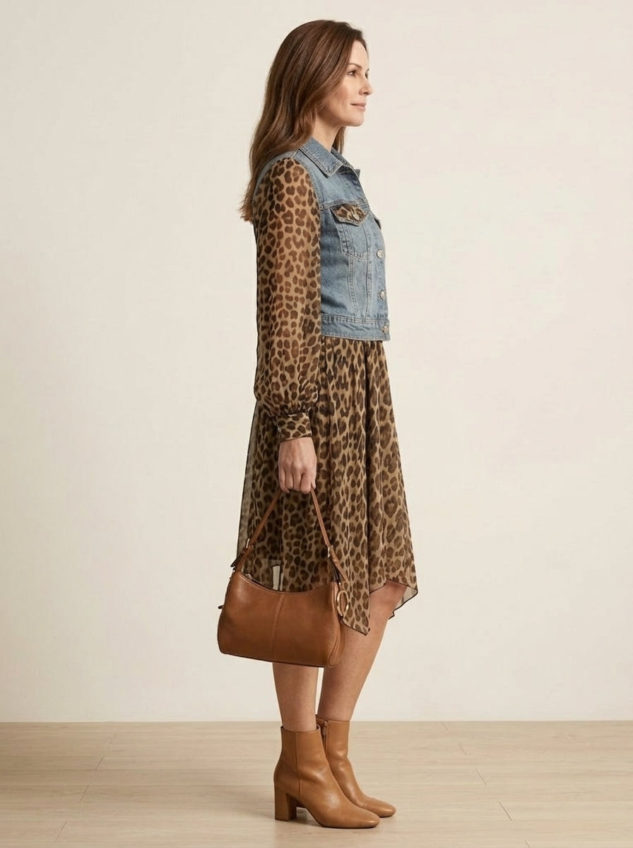Denim Leopard Patchwork Mini Dress Plus Size