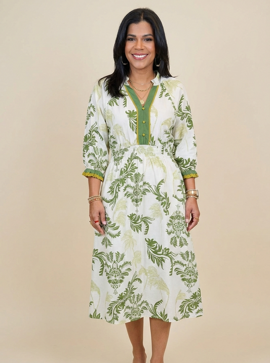 Tropical Print Button Detail Midi Dress