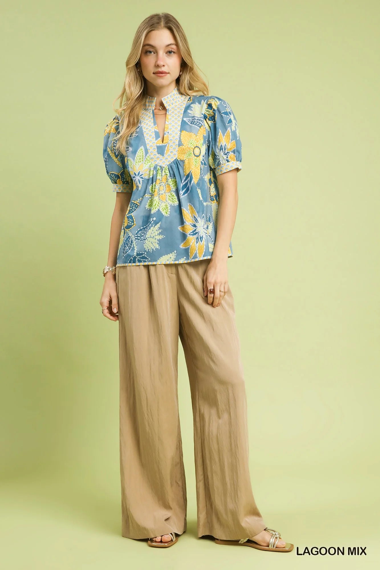Mixed Abstract Print Puff Sleeve Blouse