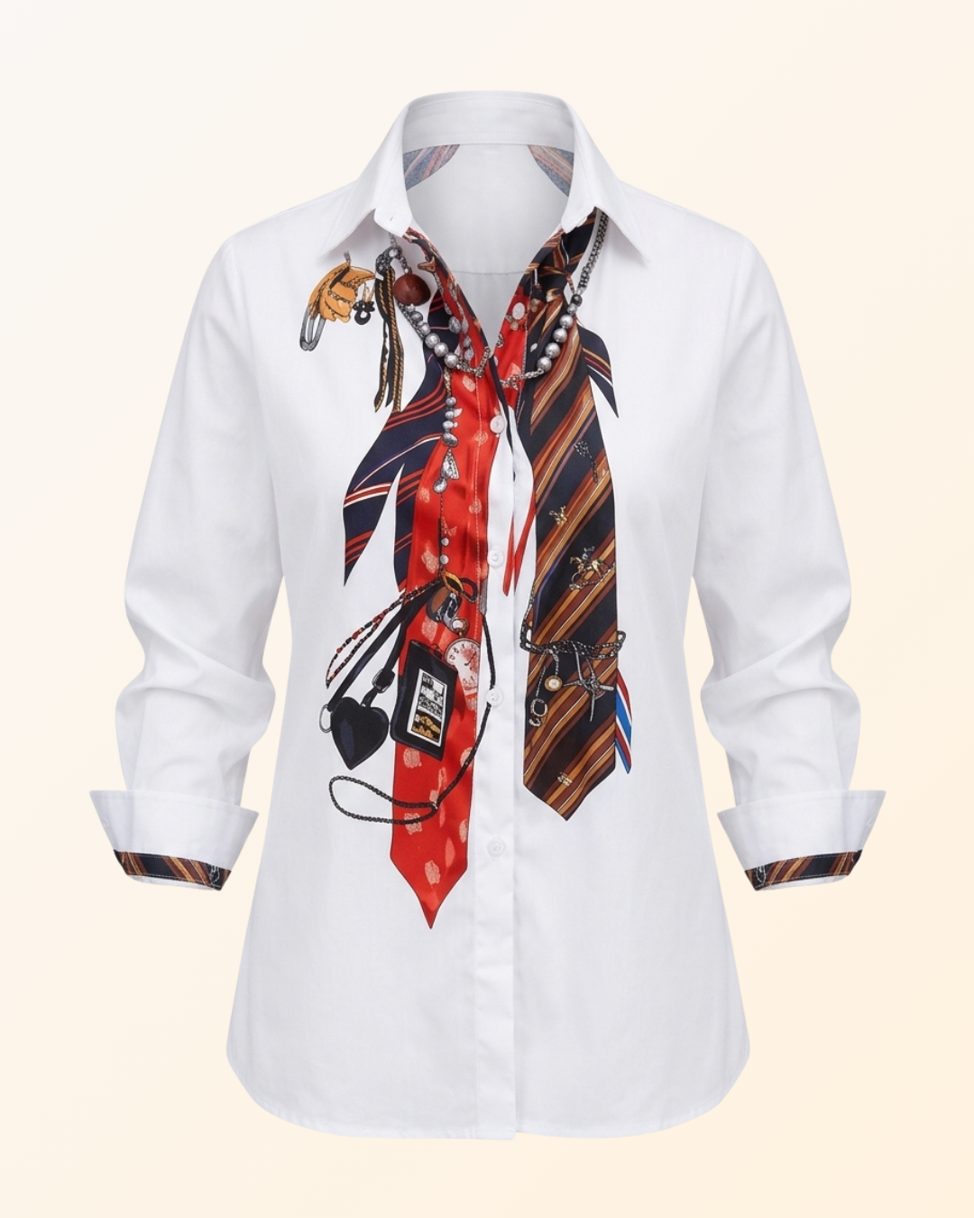 Women's Printed Tie-Detail White Shirt - Puff Sleeve Asymmetric Button-Up