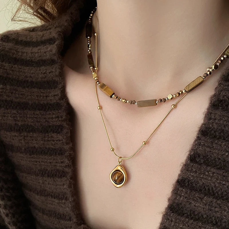 Retro Temperament Layered Tiger Eye Stone  Necklace