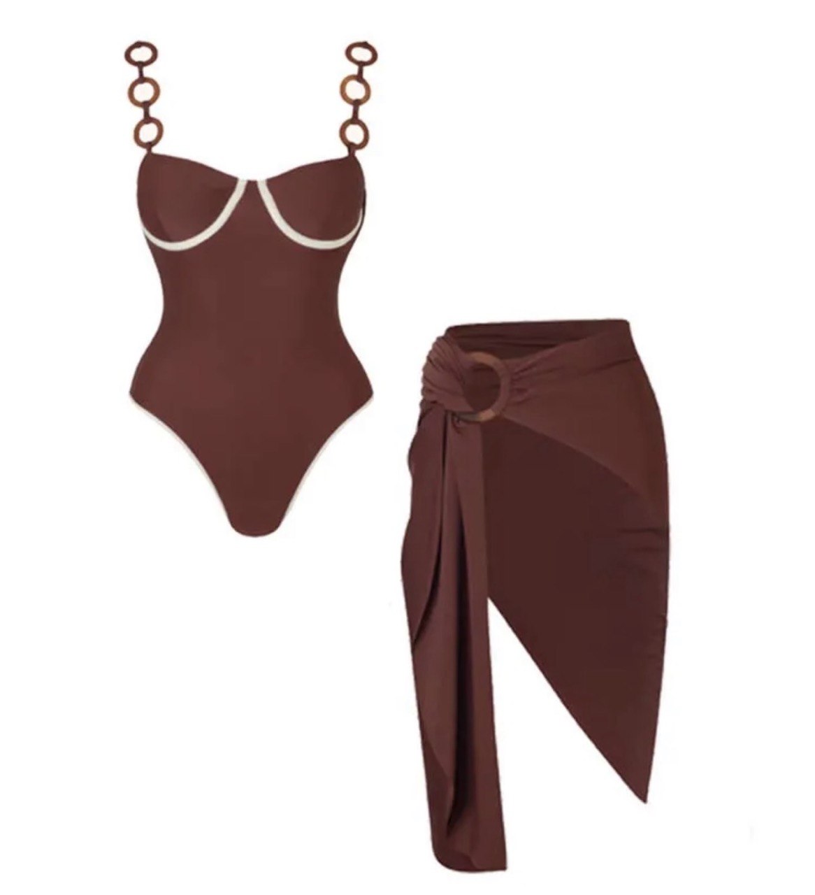 Tierra Ring Detail Swimwear - Chocolate Brown One Piece and Wrap Skirt