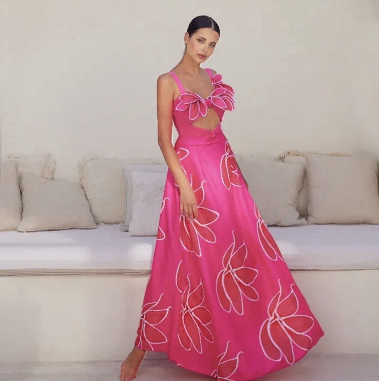 The Tropical Glam Floral Swim Set - Pink Cut-Out Bathing Suit & Maxi Skirt
