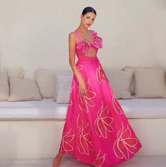 The Tropical Glam Floral Swim Set - Pink Cut-Out Bathing Suit & Maxi Skirt