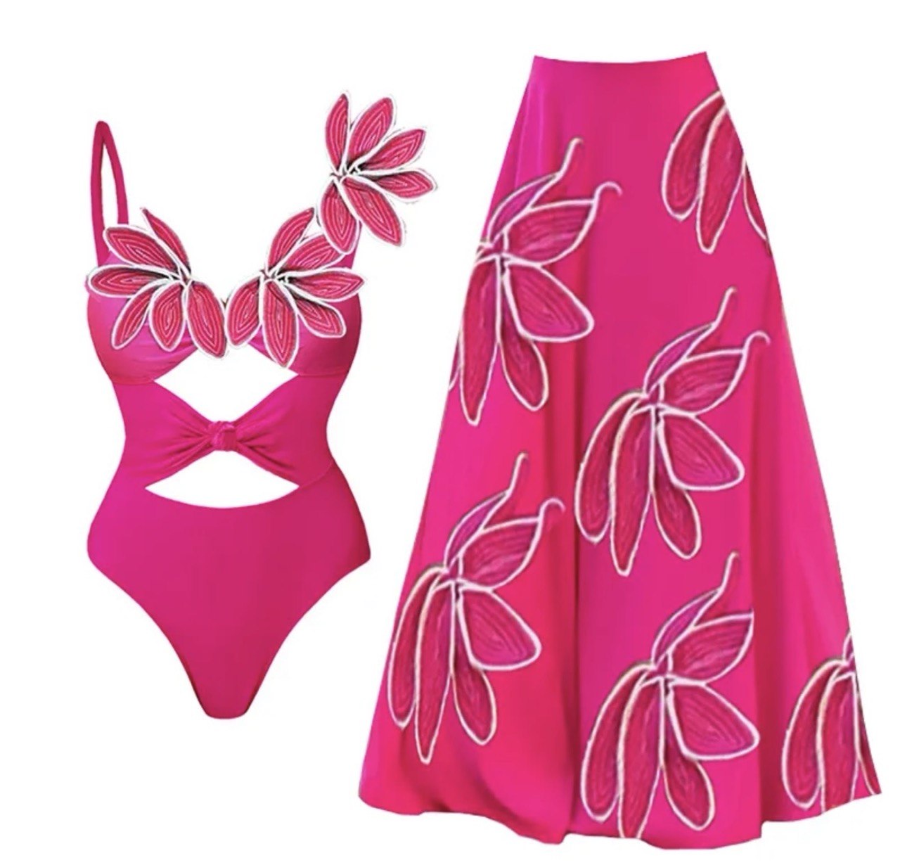 The Tropical Glam Floral Swim Set - Pink Cut-Out Bathing Suit & Maxi Skirt