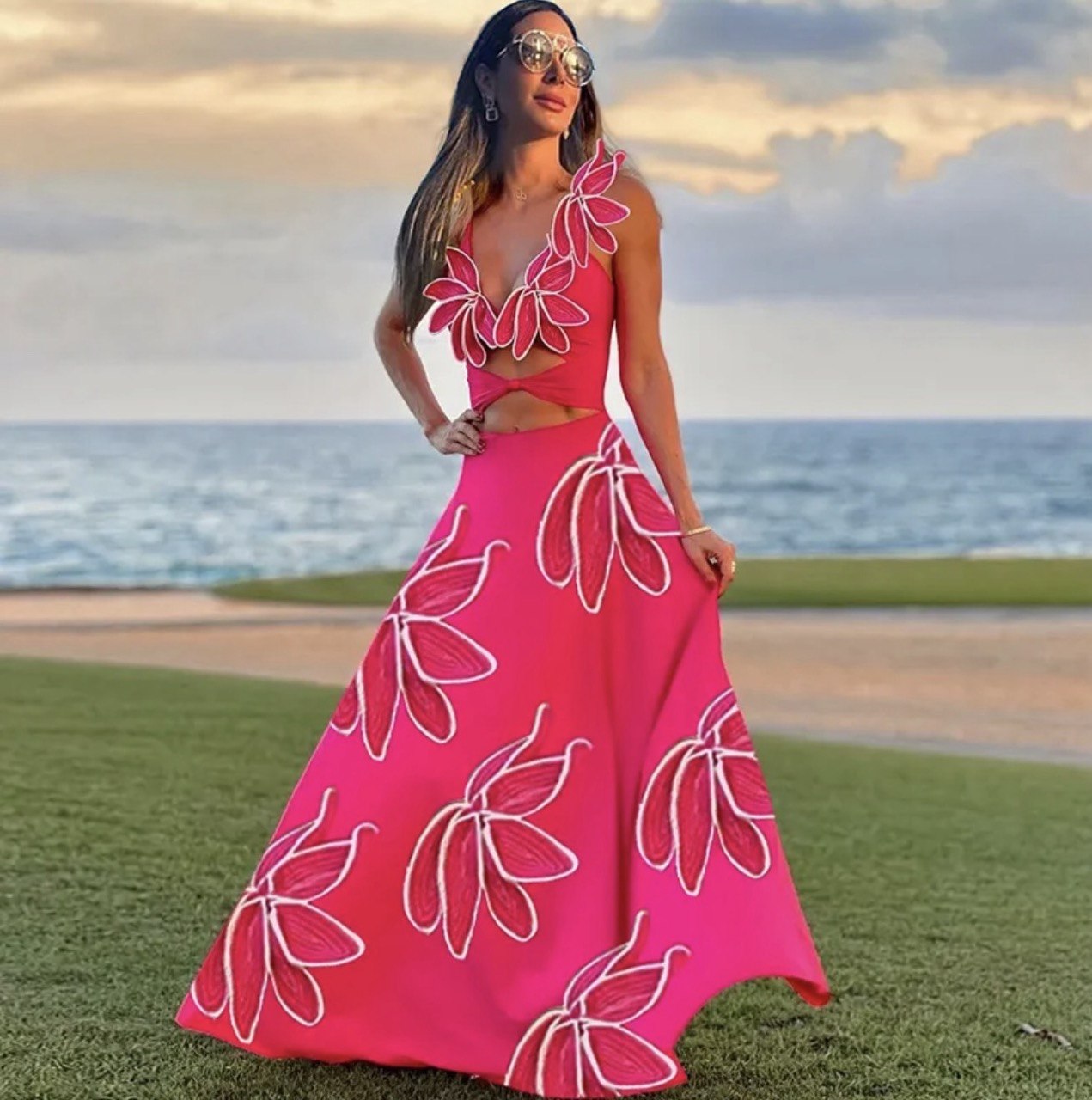 The Tropical Glam Floral Swim Set - Pink Cut-Out Bathing Suit & Maxi Skirt