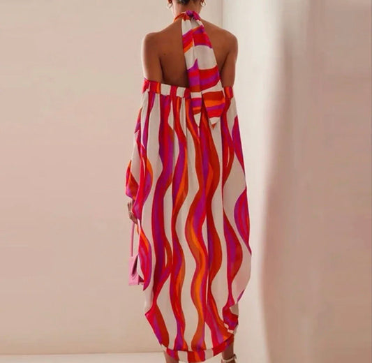 Vibrant Wave' Color Block Swimsuit - Plunge Halter & Flowy Cover Up