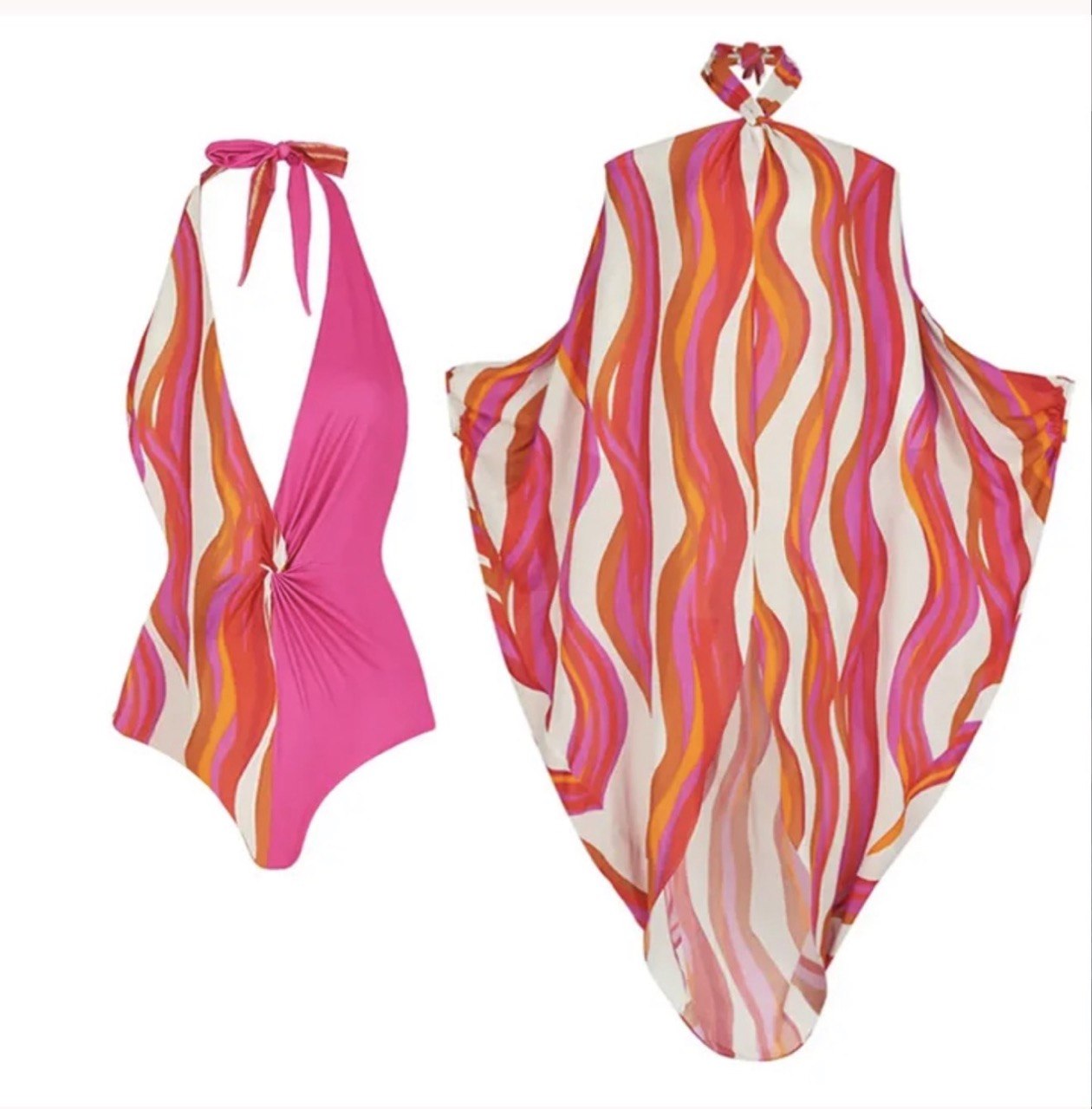 Vibrant Wave' Color Block Swimsuit - Plunge Halter & Flowy Cover Up