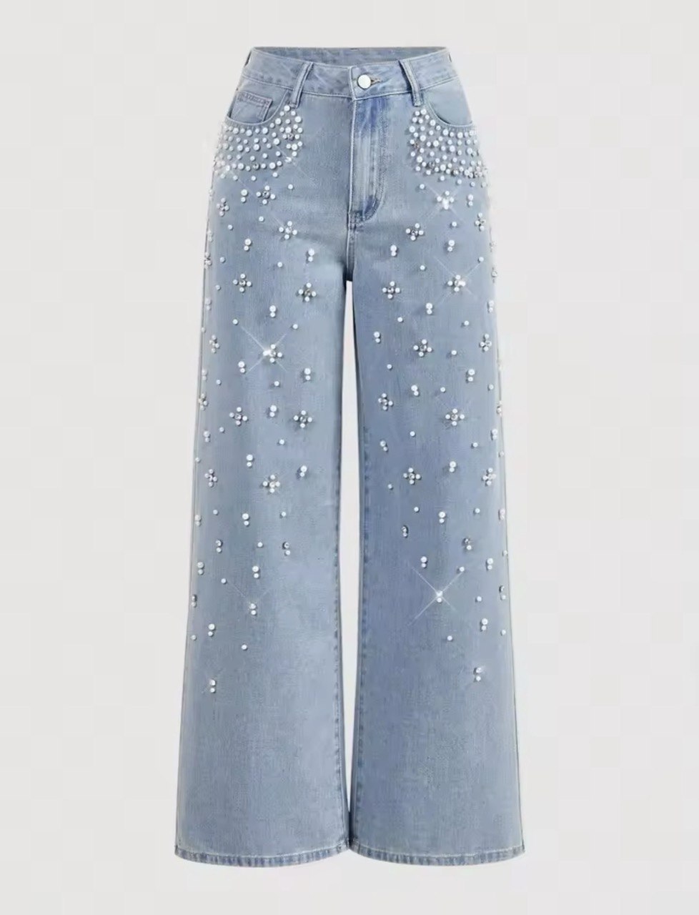 Pearl Embellished High-Waist Wide Leg Jeans