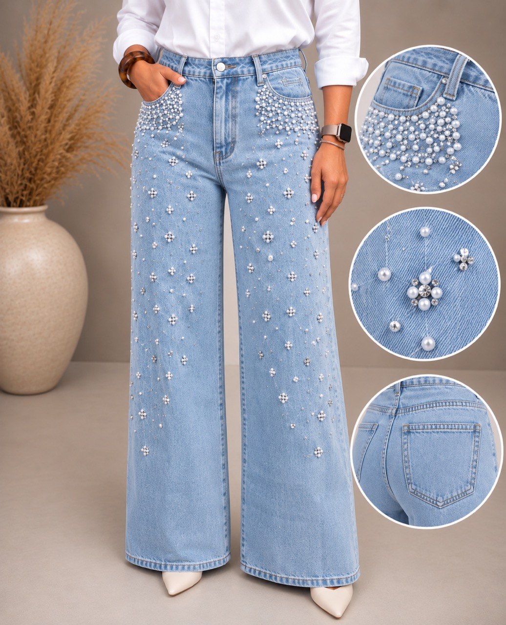 Pearl Embellished High-Waist Wide Leg Jeans