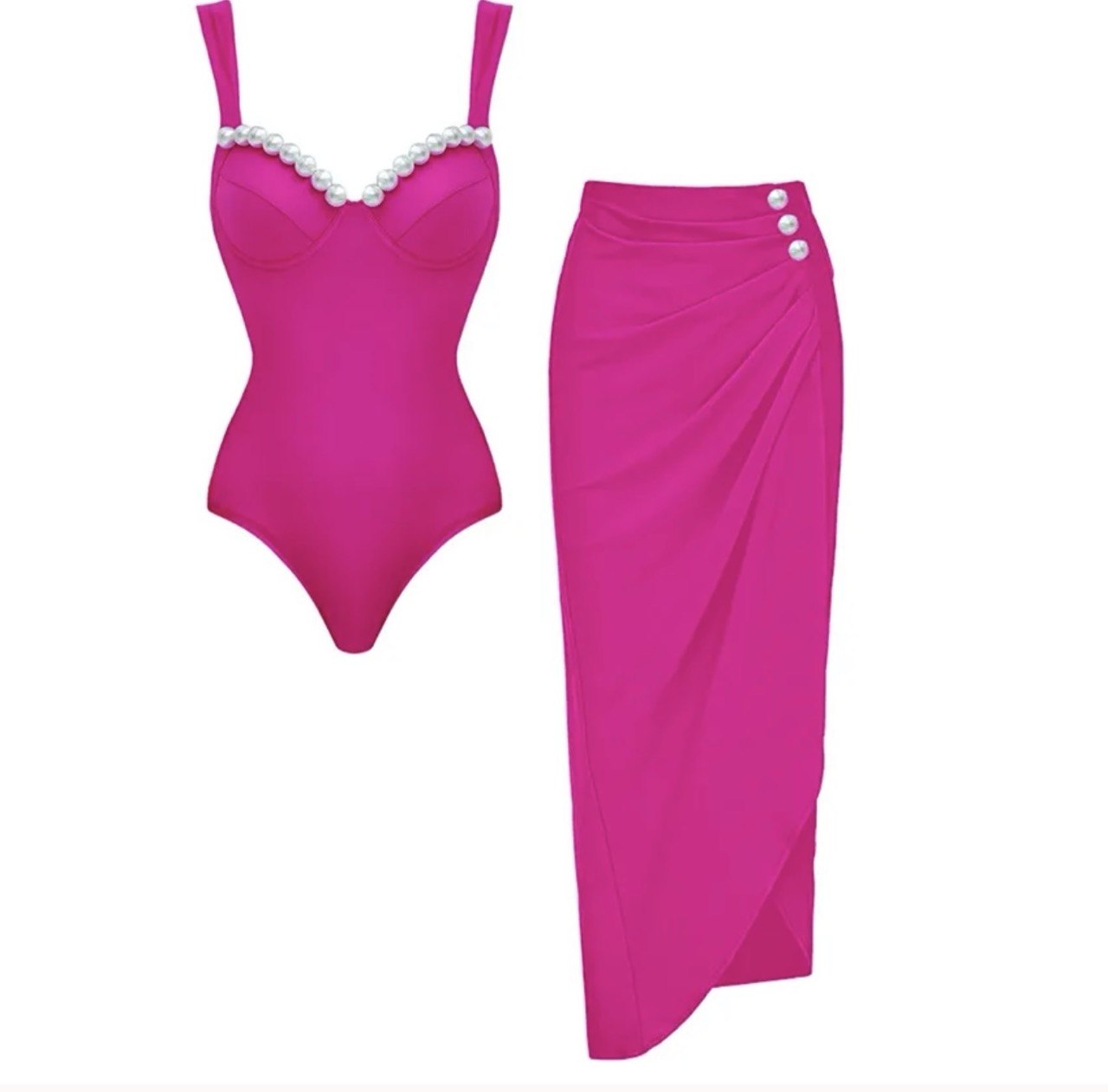 Vintage Pearl Sweetheart Swimsuit - Pink One Piece and Asymmetrical Skirt