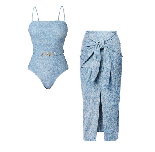 Coastal Chic Chambray-Effect Swimsuit - Convertible One Piece and Skirt