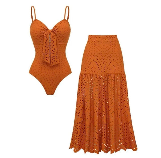 Boho Swimwear Set - Cutout Pattern One Piece and Matching Skirt.