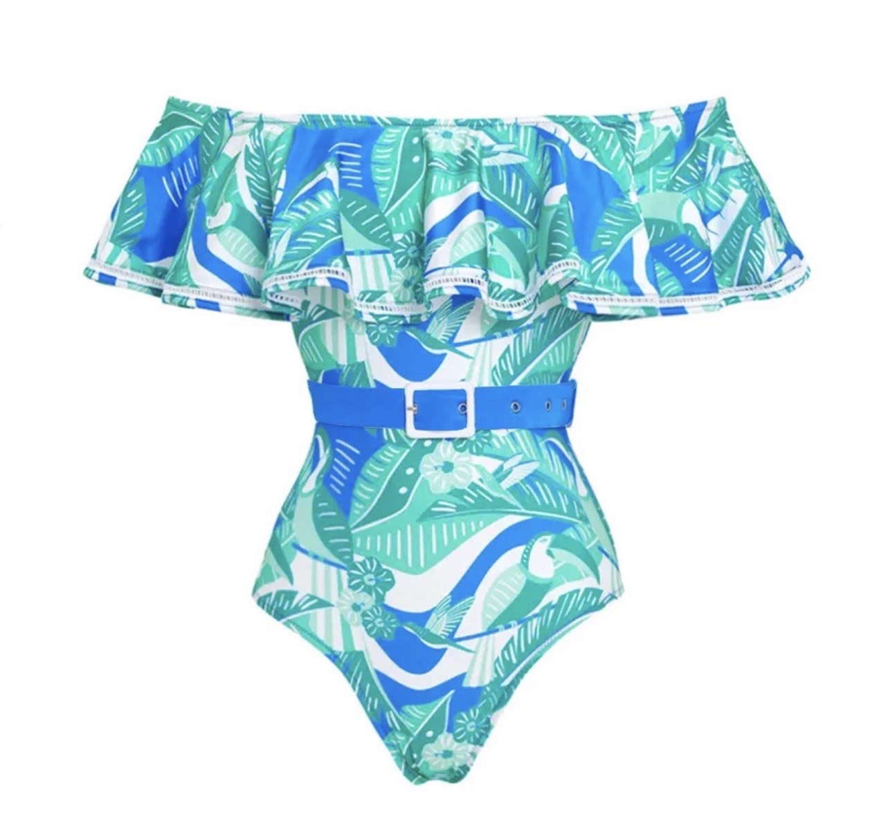 Island Oasis Belted Swim Set - Tropical Off-Shoulder One Piece & Skirt