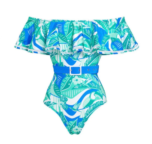 Island Oasis Belted Swim Set - Tropical Off-Shoulder One Piece & Skirt
