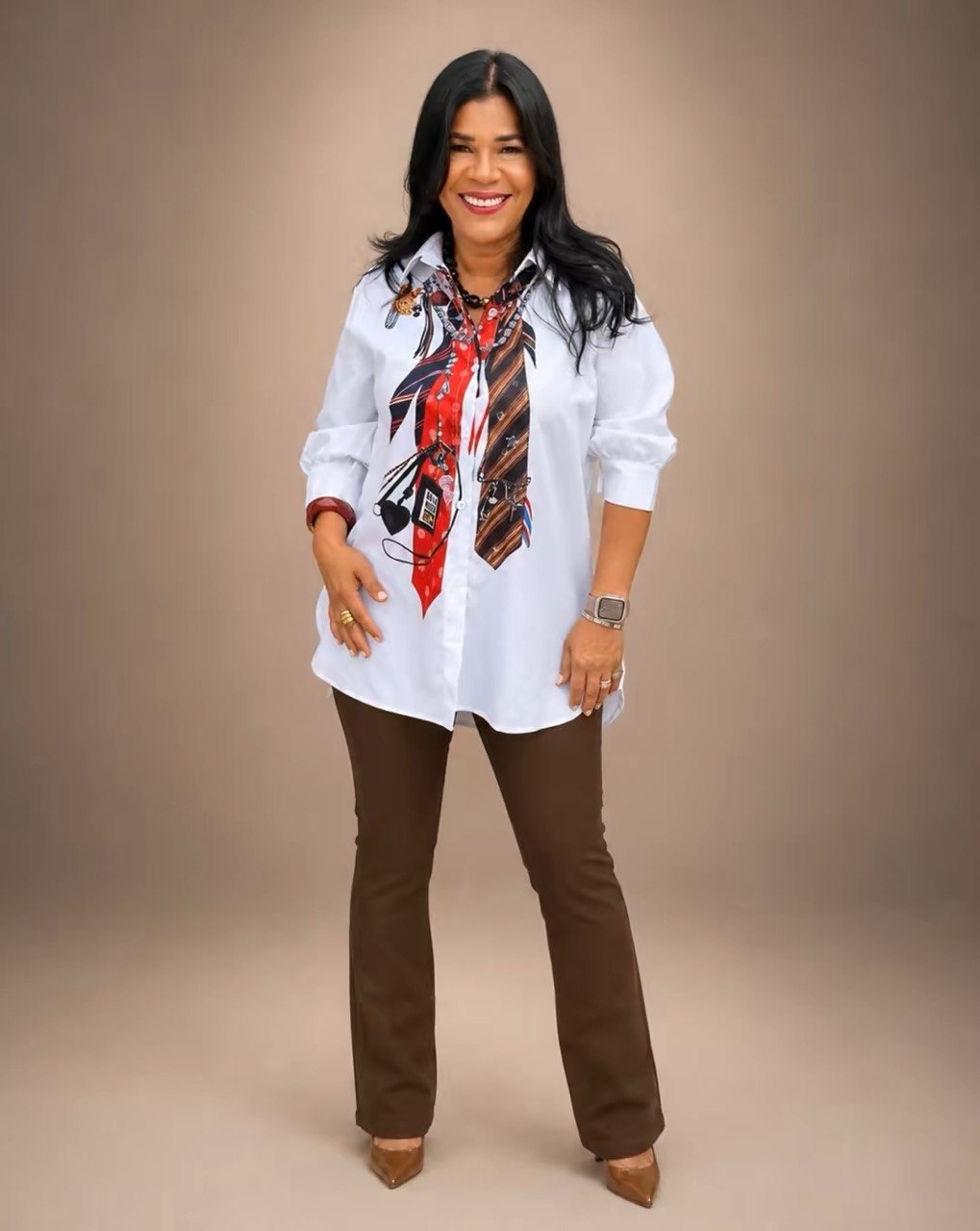 Women's Printed Tie-Detail White Shirt - Puff Sleeve Asymmetric Button-Up