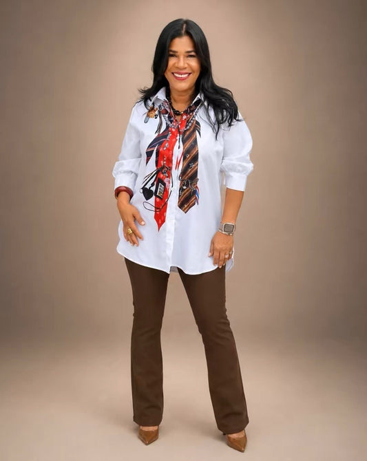Women's Printed Tie-Detail White Shirt - Puff Sleeve Asymmetric Button-Up
