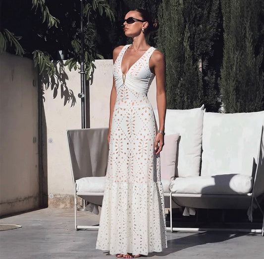V Neck  Laser Cutting Flower One Piece Set