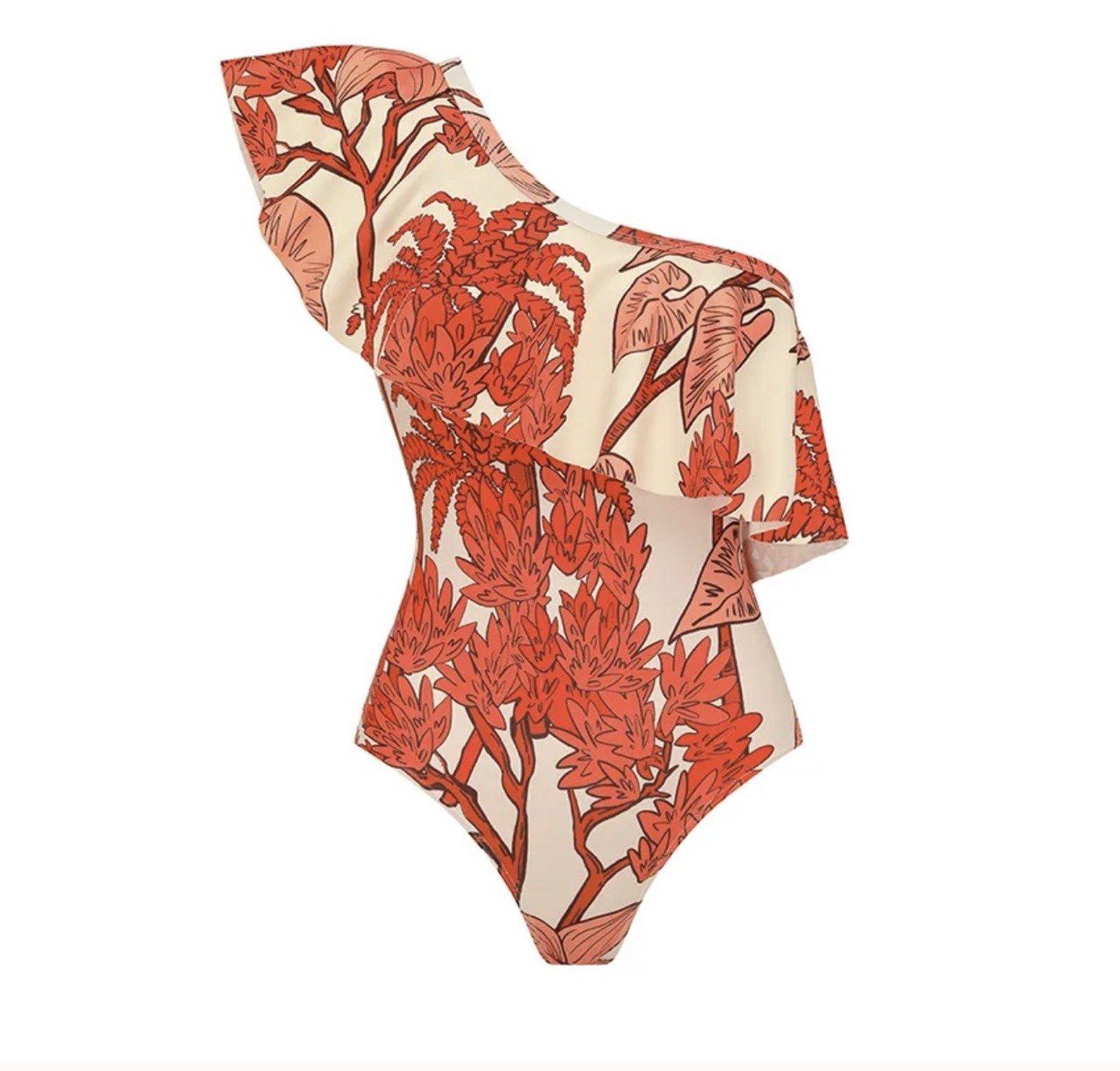 One Shoulder Ruffle Plant Print Swimsuit