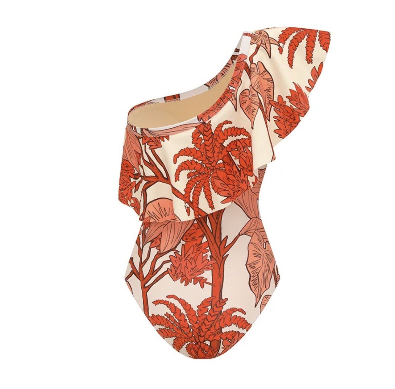 One Shoulder Ruffle Plant Print Swimsuit