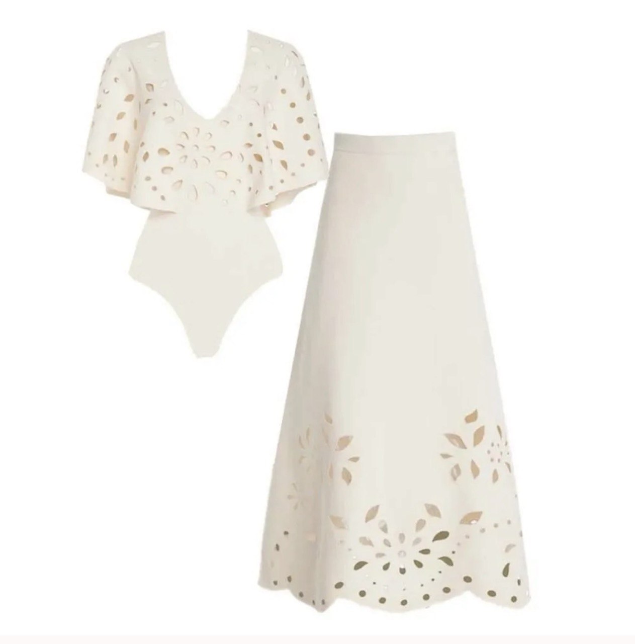 Laser Cutting White One Piece Swimsuit and Skirt Set