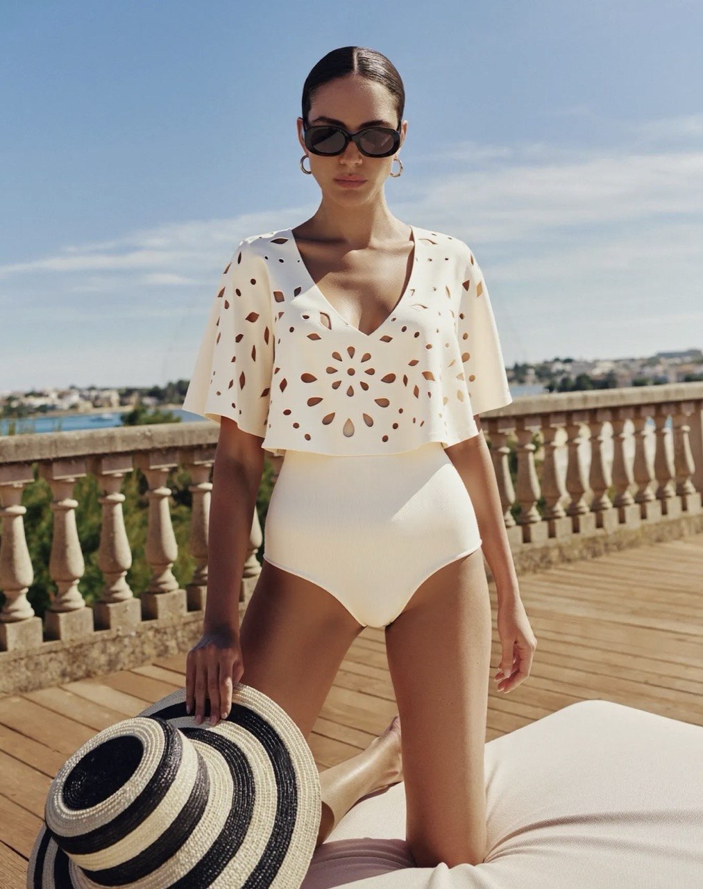 Laser Cutting White One Piece Swimsuit and Skirt Set