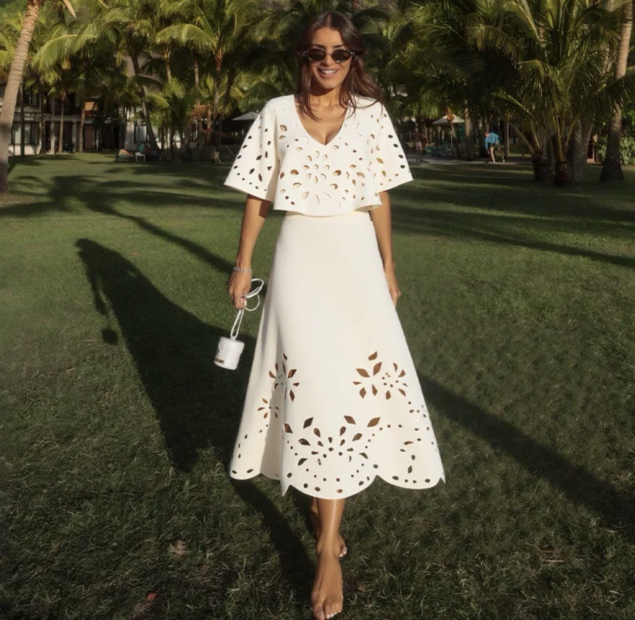 Laser Cutting White One Piece Swimsuit and Skirt Set