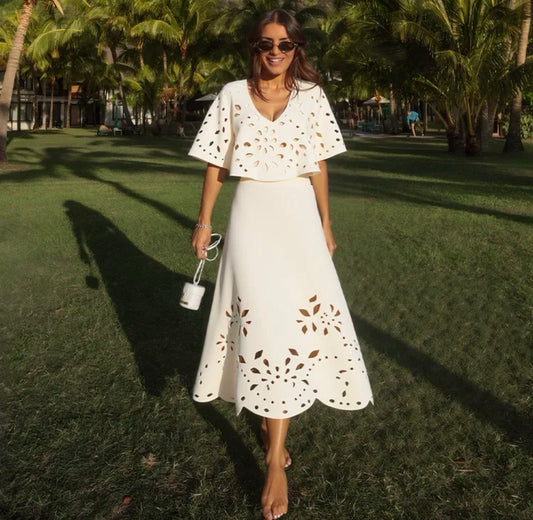 Laser Cutting White One Piece Swimsuit and Skirt Set