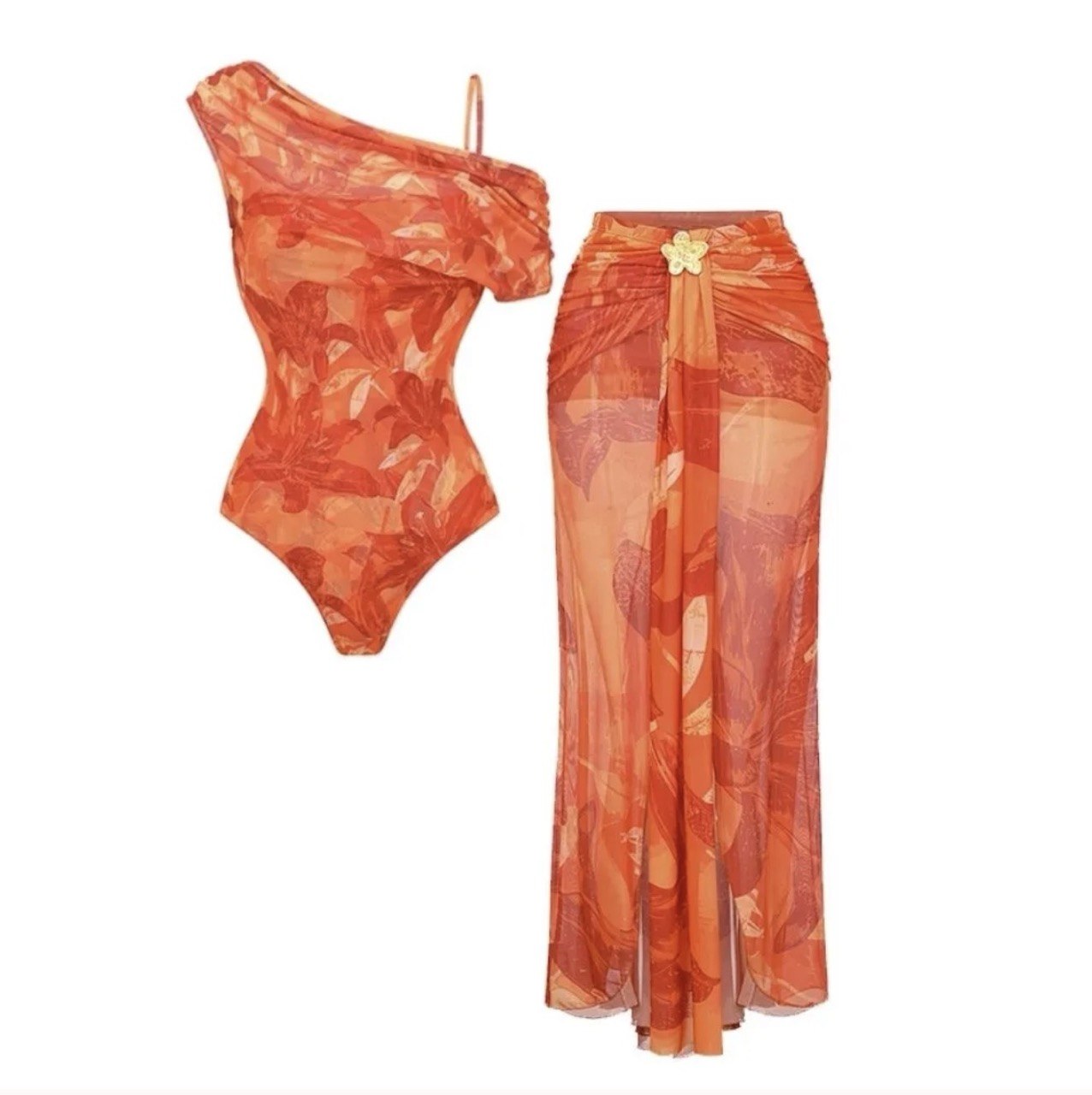 Orange Lily Print One Piece Swimsuit and Sarong Set