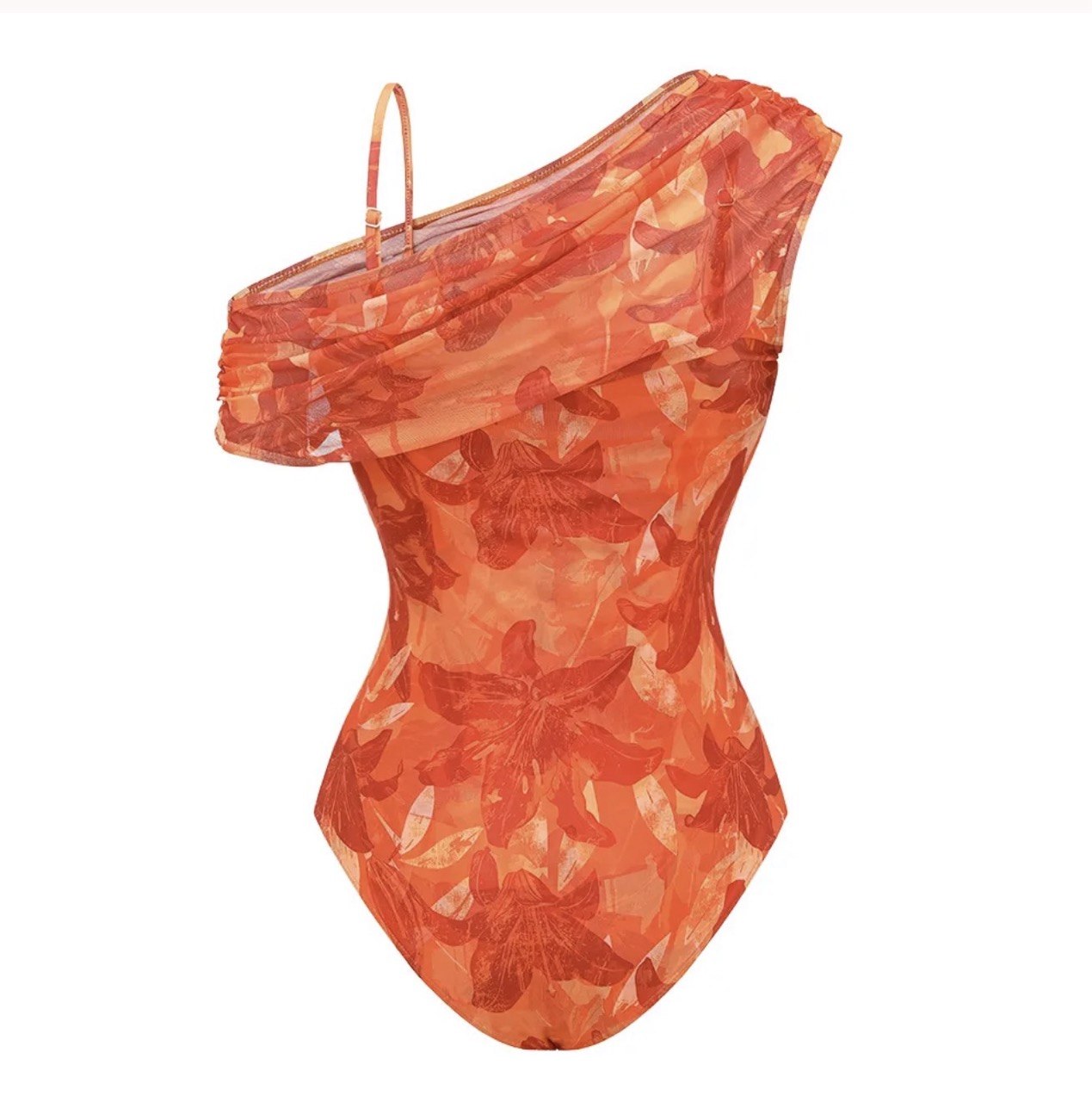 Orange Lily Print One Piece Swimsuit and Sarong Set