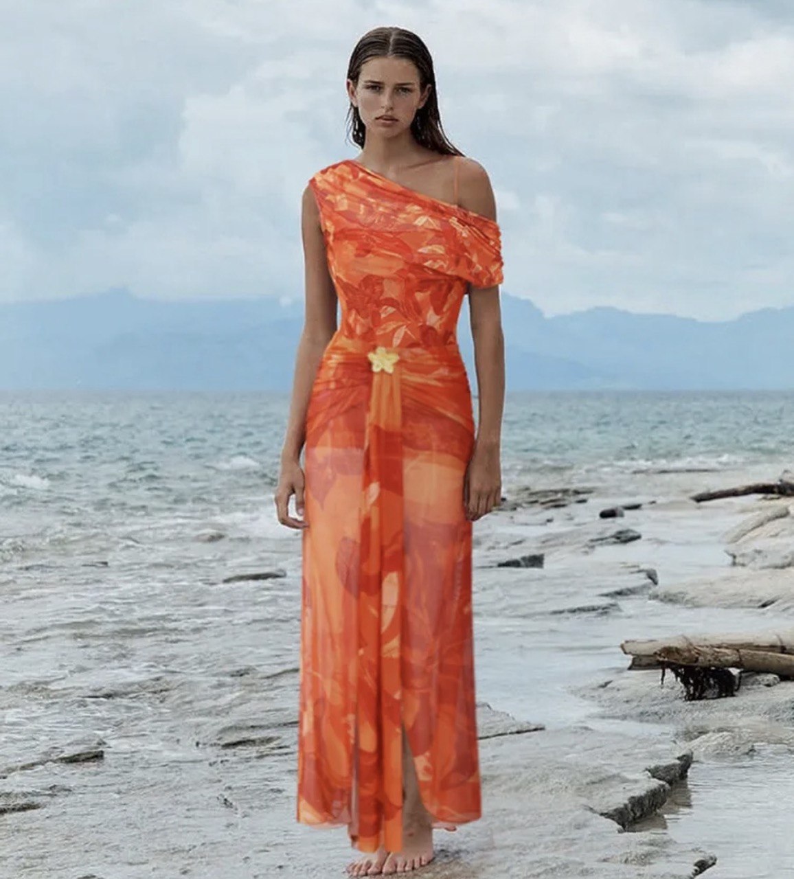 Orange Lily Print One Piece Swimsuit and Sarong Set