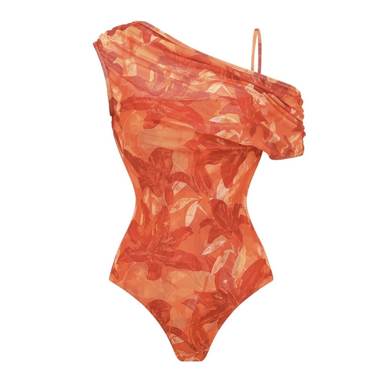 Orange Lily Print One Piece Swimsuit and Sarong Set